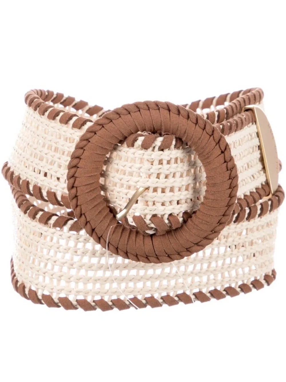 Zimmermann Beige Woven Belt with Brown Buckle and Gold Accent